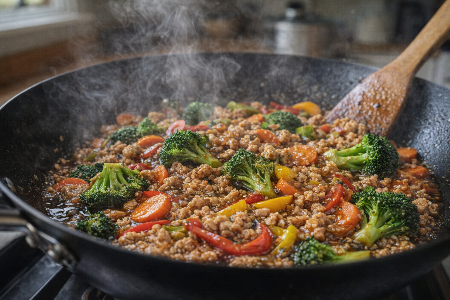 An eye-level shot of ground chicken stir-frying in a wok with colorful vegetables (broccoli, carrots, peppers) and a glistening sauce. The focus is on the steam rising from the wok and the vibrant colors of the ingredients.